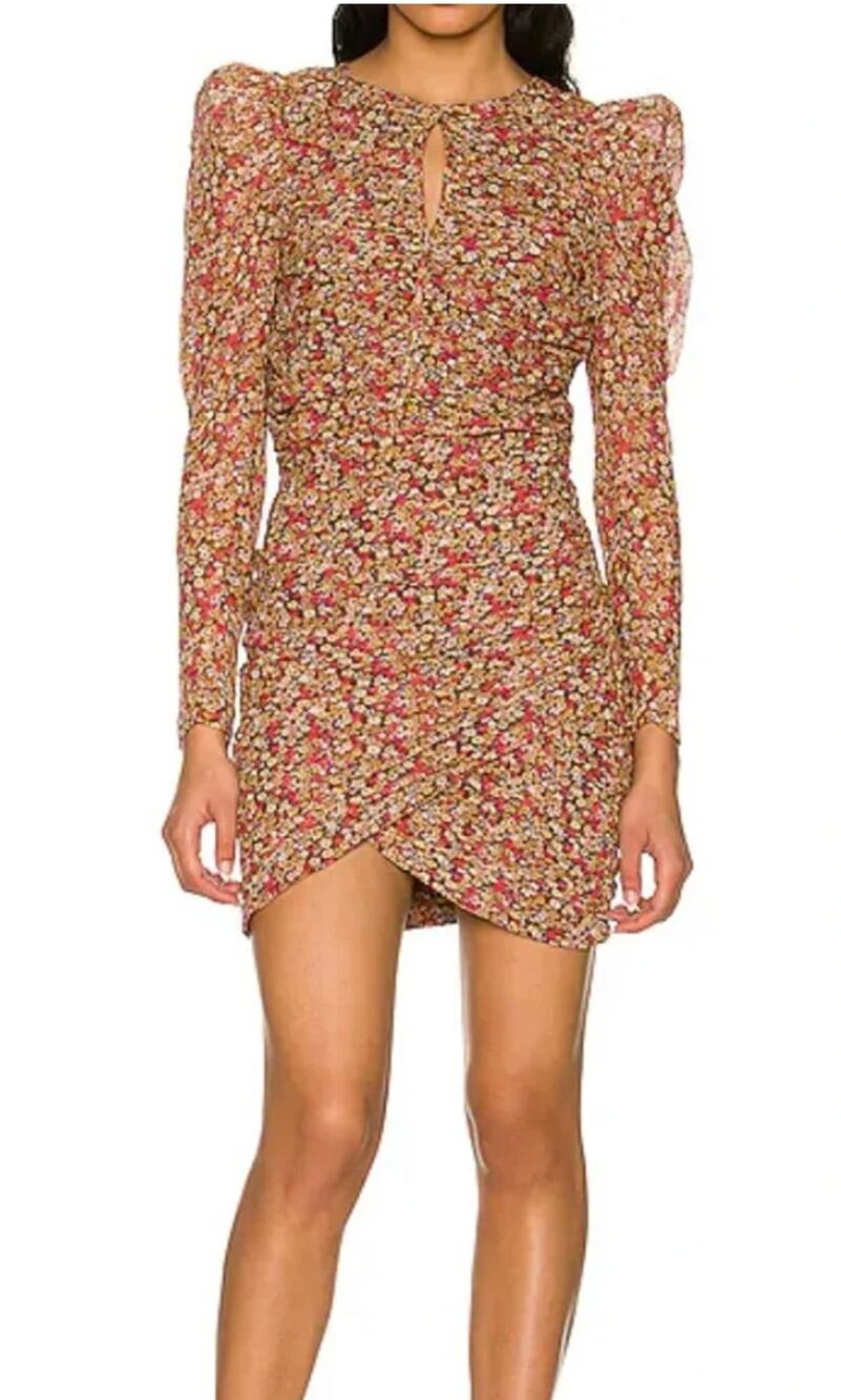 Bardot brown small floral cinched ruched long sleeve dress size medium 6 NWT